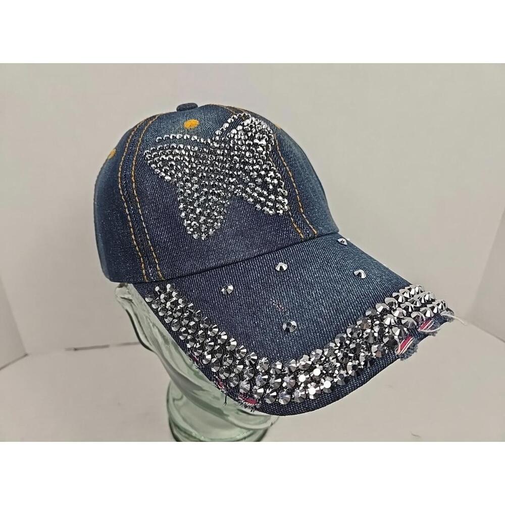 La Valentina - Denim Rhinestone Butterfly Strapback Hat Cap - OSFM - NWT